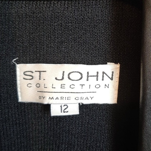 St. John Collection Black and Gray Marbled Wool Blend Knit & Leather Trim Blazer - Picture 2 of 10